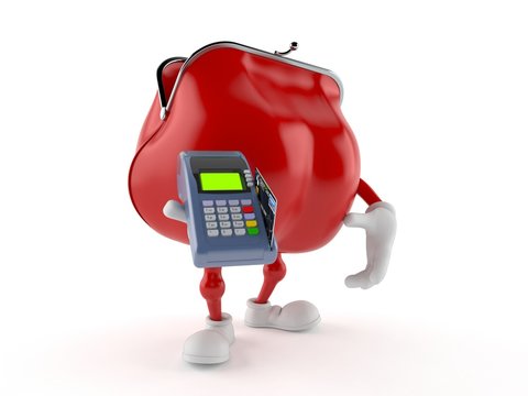 Purse character holding credit card reader