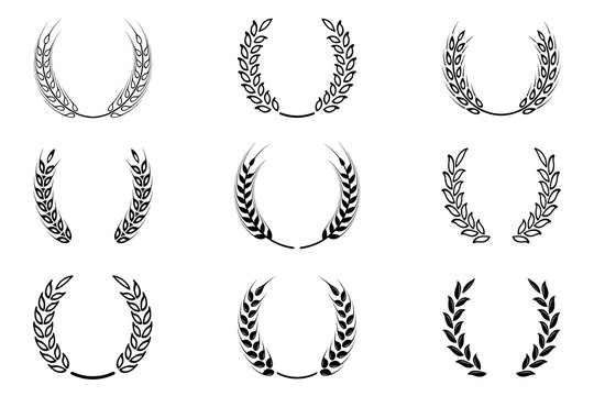 Black laurel wreath - a symbol of the winner. Wheat ears or rice icons set.