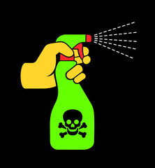 Spray with toxic and poisonous liquid is used by user with gloves. Danger and toxicity of substance. Caution and warning of negativity and negative side effect during usage.