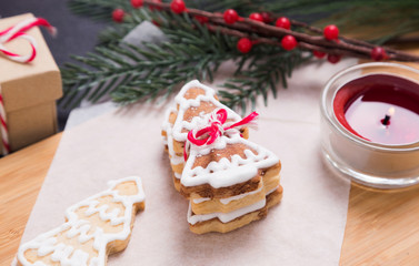 Christmas homemade gingerbread cookies on wooden table