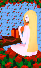 Valentine with cute girl, with a background and a frame of roses