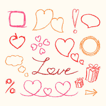 Crayon valentine heart symbols like child's drawing funny doodle design element. Cartoon sketch style vector set. Pencil or chalk hand drawn gift box, frame, arrow, bubble. Happy day background.