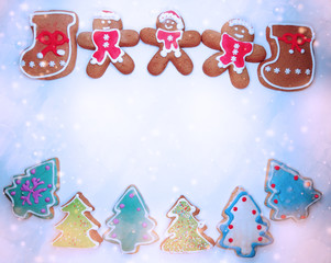 christmas cookies gingerbread and decoration on wooden background