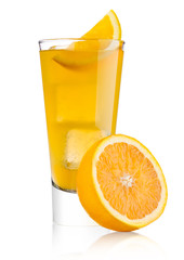 Glasses with orange soda drink and ice cubes