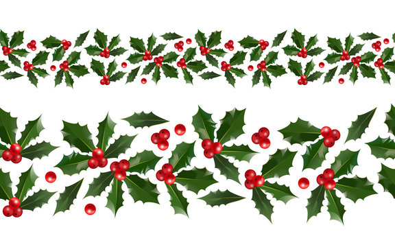 Merry Christmas and Happy New Year seamless holly pattern border isolated on white background for your holiday decoration design. Vector illustration