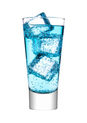 Glass of blue energy carbonated water with ice