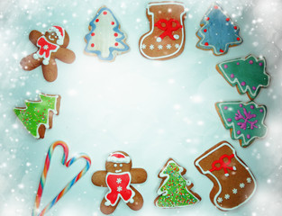 christmas cookies gingerbread and decoration on wooden background