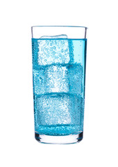 Glass of blue energy carbonated water with ice