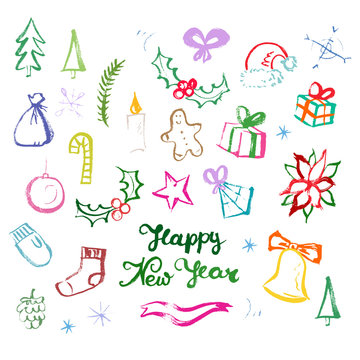 Winter holidays symbols. Marker scribble drawings of traditional Christmas and New Year attributes.