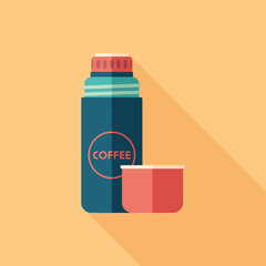 Coffee thermos flat square icon with long shadows.