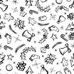 Winter holidays seamless pattern. Contrast repeatable background with hand drawn marker scribble elements.