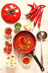tomato soup with chilli peppers, sweet peppers, garlic, herbs and spices with toast