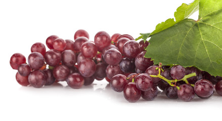 Red grape with leaf isolated on white background