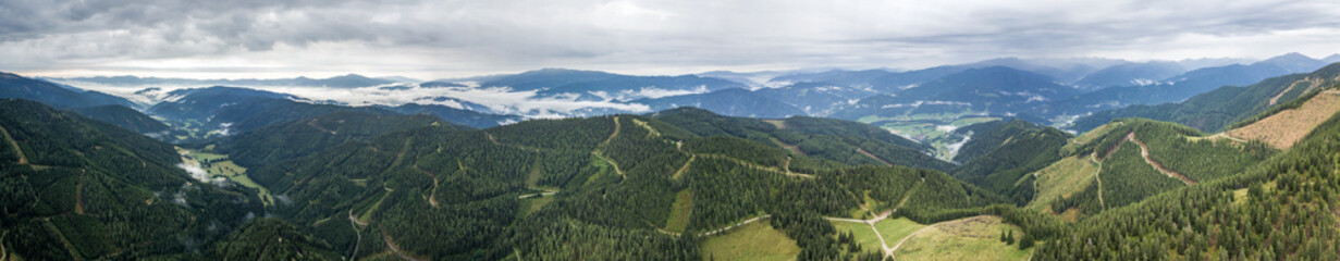 Fototapeta na wymiar Panoramic drone view on Rachau and the Murtal in Austria