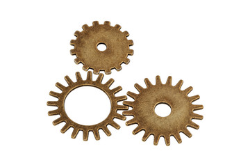 Brass gears on a white background
