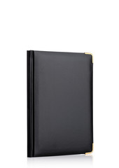 Black leather daily notepad book on white