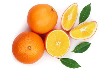 Orange with slice and leaf isolated on the white background. Flat lay pattern. Top view