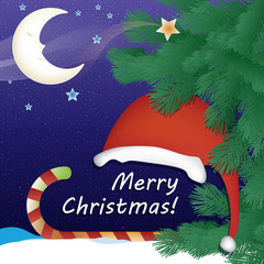 Fototapeta na wymiar Merry Christmas card with a snowy night background, sleeping cartoon moon, Santa Claus hat, sweet candy in red decorative ribbon and green pine tree branches