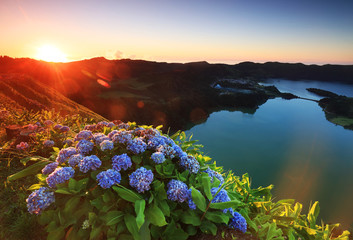 Volcanic caldeira of Sete Cidades, Sao Miguel Island, Azores, Portugal, Europe