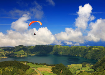 Paragliding over Sete Cidades, Sao Miguel Island, Azores, Portugal, Europe