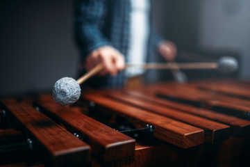 Xylophone player hands with sticks, wooden sounds - obrazy, fototapety, plakaty