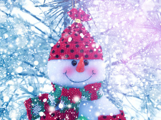 happy snowman christmas background with snow and snowflakes