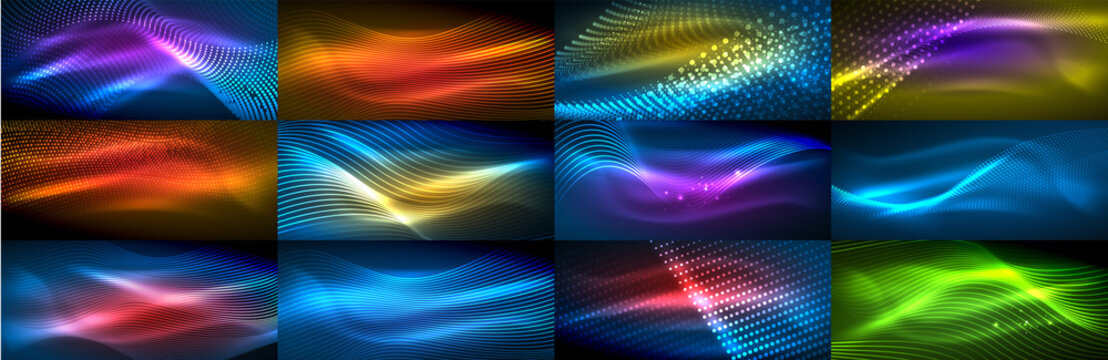 Set of glowing neon particles waves