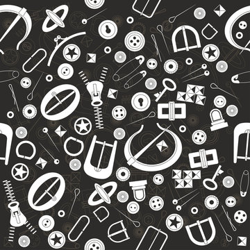Seamless vector pattern for haberdashery. Many fancy metal accessories for clothing and bags. Buttons, buckles, metal pins, fibula, zip on black background. Graphic vintage style.