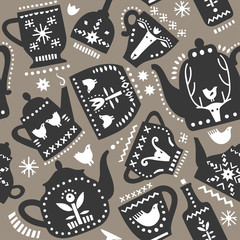 Sewing fabric with Vector seamless pattern of stylish black teapots and ...