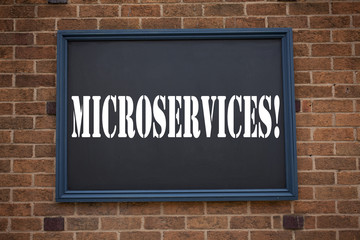 Conceptual hand writing text caption inspiration showing announcement Microservices. Business concept for  Micro Services written on frame old brick background with copy space