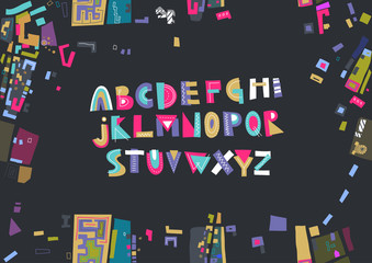 Vector colorful trendy uppercase alphabet on a black background. Display font for posters, urban forum and ect.