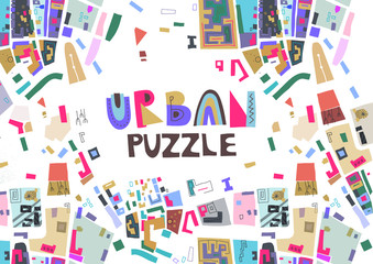 Vector trendy horizontal poster with colorful map fragments and text "Urban Puzzle".
