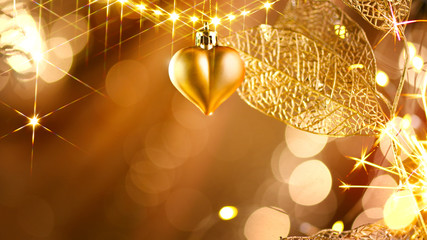 Christmas and New Year golden decorations. Abstract blinking holiday background