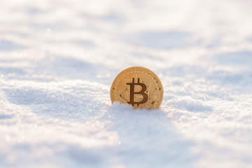 bitokoyskie coins after bitokoyinskoy classics. Bitcoin Cash Bitcoin concept. in the snow, on the street frost