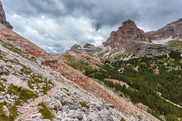 Fototapeta premium View of beautriful triassic reddish rocks in the upper part of Travenanzes Valley Dolomites, Italy
