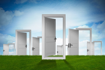 Concept of choice with many doors opportunity - 3d rendering