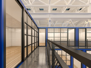 Office space from blue containers , 3d rendering
