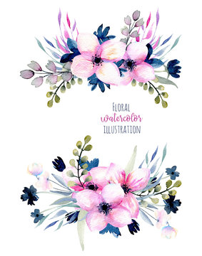 Watercolor pink and blue wildflowers and field grasses bouquets set, hand drawn isolated on a white background, Mother's day, birthday and other greeting cards 
