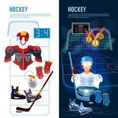 World ice hockey championship, players shoots the puck and attacks. Signs and symbols elements of professional hockey banner