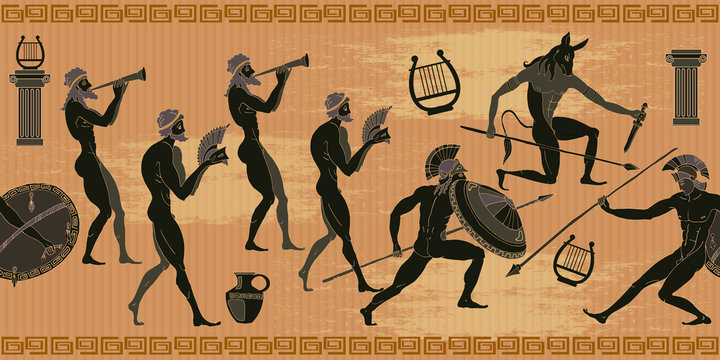 Ancient Greece seamless pattern. Black figure pottery. Hunting for a Minotaur, gods, fighter pattern