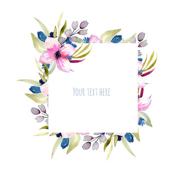Watercolor pink and blue wildflowers and green branches frame, hand drawn isolated on a white background, Mother's day, birthday and other greeting cards 