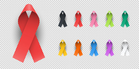 Realistic Colorful Awareness Ribbons Design Element Banner Emblem Sign Symbol Vector Illustration Various Colors on Transparent Background