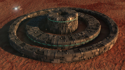 3D rendering. Futuristic city and spaceships