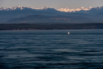 sailboat on the water (Puget Sound) with Olympic mountains in the distance