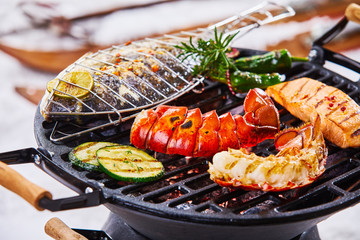 Winter barbecue with gourmet seafood grilling
