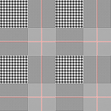 Prince of Wales check in black and white with red overcheck. Glen plaid. Seamless pattern.