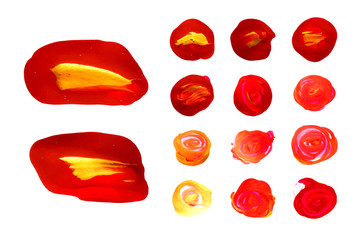 Vector gold and red paint smear stroke set. Abstract red and gold glittering textured art illustration. Wet and Dry Acrylic Texture Paint Illustration. Hand drawn brush strokes vector design elements.