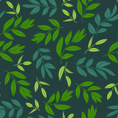 Green floral seamless pattern with branches and leaves. Botanic background. Vector illustration.