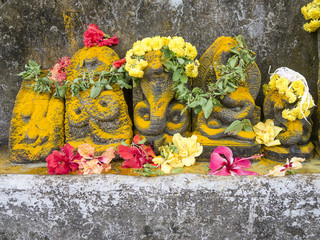 The stone sculptures of the nagas, deities to whom the celebration of installation is dedicated. The traditional decoration of murti of snake with flowers and yellow dust