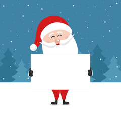 santa claus hold empty banner merry christmas greeting text winter landscape night background